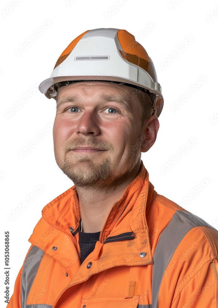 Male engineer in orange reflective jacket and white hard hat isolated on white background. Male engineer in orange reflective jacket and white hard hat isolated on white background.