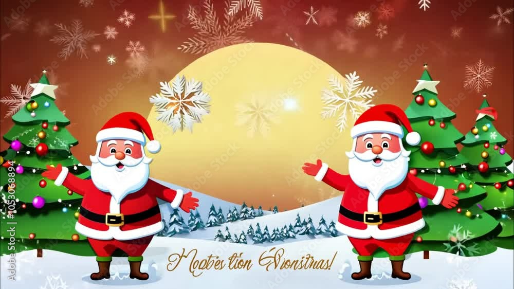 Animated Christmas greeting with two Santa Claus figures, decorated Christmas trees, snowflakes, and a festive winter wonderland scene Animated Christmas greeting with two Santa Claus figures, decorated Christmas trees, snowflakes, and a festive winter wonderland scene