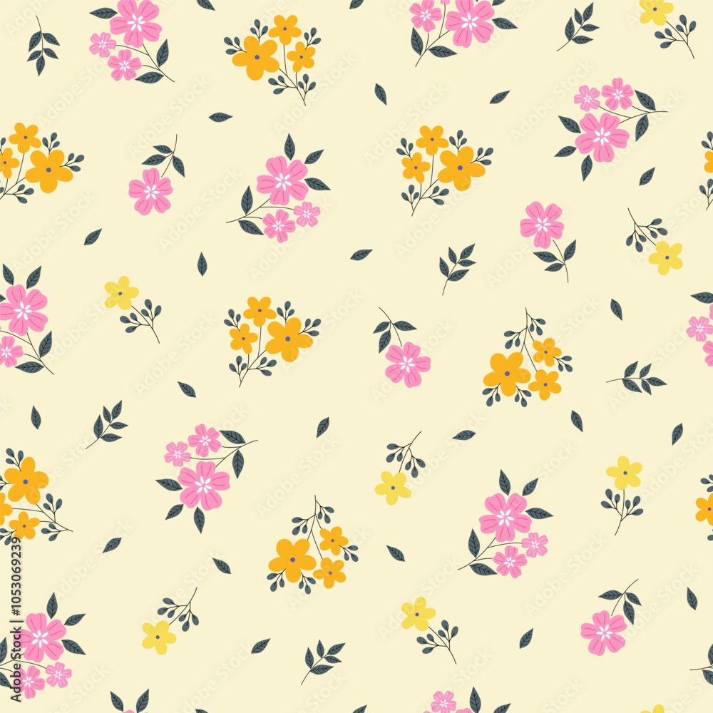 Seamless pattern with small flowers on yellow background. Hand drawn floral pattern for your fabric, summer background, wallpaper, backdrop, textile. Vector illustration Seamless pattern with small flowers on yellow background. Hand drawn floral pattern for your fabric, summer background, wallpaper, backdrop, textile. Vector illustration