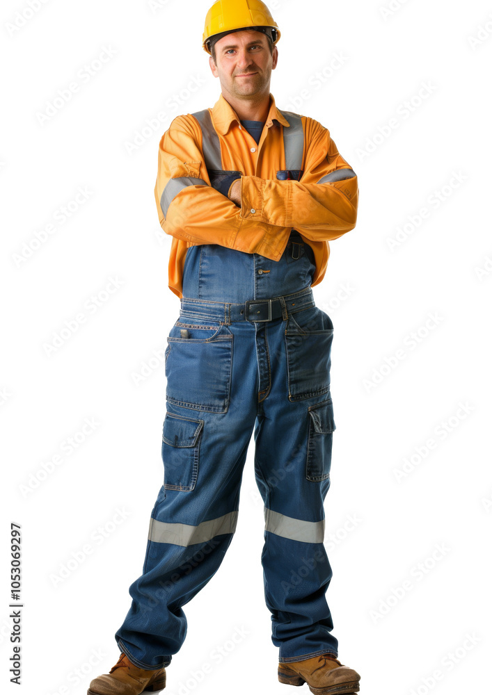 Fototapeta premium Full body of male construction worker in yellow hard hat and orange work shirt isolated on white.