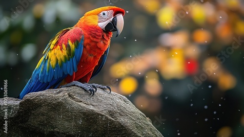 Wallpaper Mural A vibrant scarlet macaw parrot perched on a rock with a bokeh background of green and yellow foliage. Torontodigital.ca