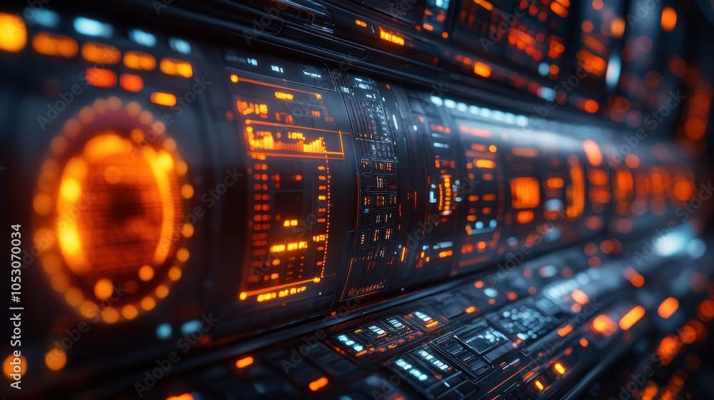 Futuristic interface with glowing orange elements and data displays. Futuristic interface with glowing orange elements and data displays.