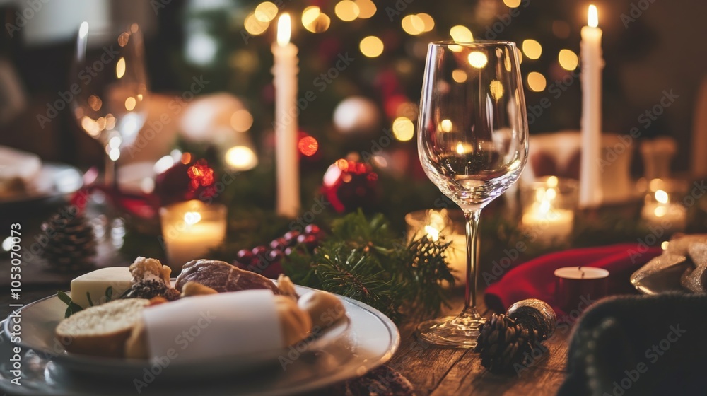 Fototapeta premium Cozy Festive New Year Eve Dinner Table Setup