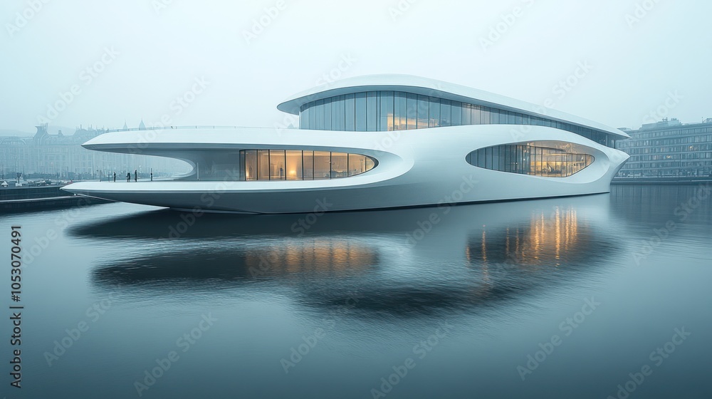 Modern White Building Reflecting in Still Water on a Foggy Day Modern White Building Reflecting in Still Water on a Foggy Day
