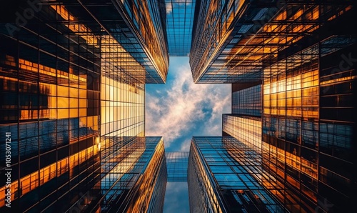 A low angle view of towering glass buildings in a city skyline. The buildings frame a view of the sky with clouds.