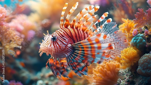 Closeup of a lionfish perched on a coral reef surrounded by aquatic life as the tide gently stirs the soft corals and sponges in the colorful underwater scene of a thriving reef photo