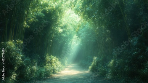 Serene bamboo forest path illuminated by soft sunlight.