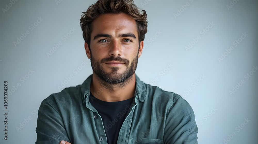 Fototapeta premium Portrait of a Young Man with Wavy Brown Hair and a Beard Wearing a Green Shirt, Smiling Calmly in a Bright Modern Interior with a Softly Blurred Background