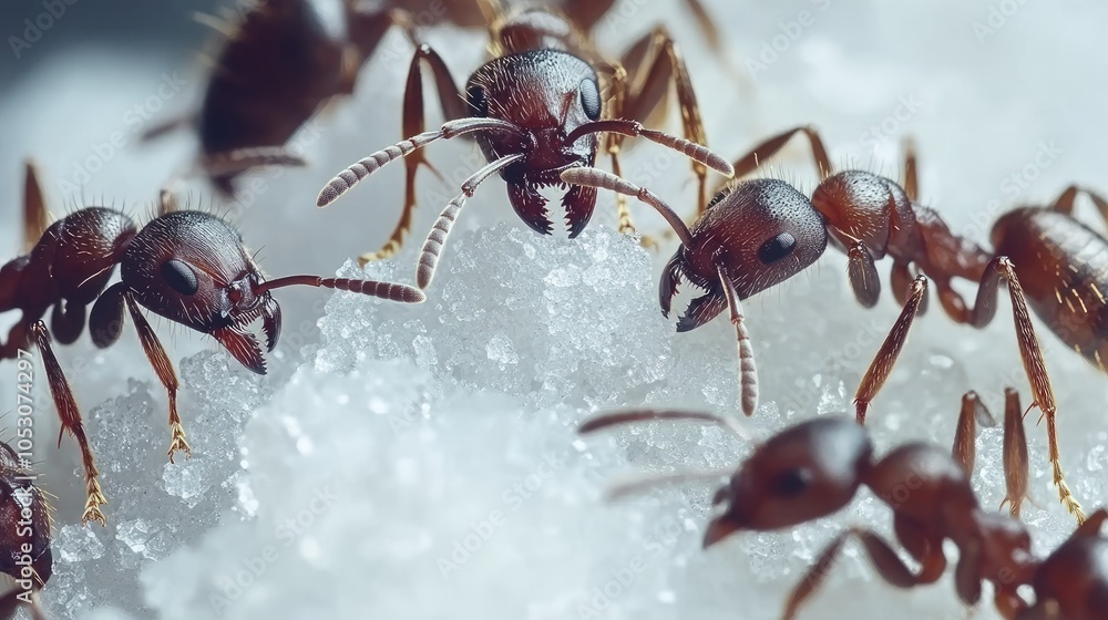 Close-Up View of Ants Gathering Sugar Crystals Close-Up View of Ants Gathering Sugar Crystals