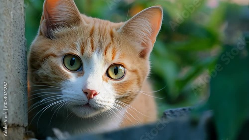 close up curiouse cat looking fixedly at camera look funny photo