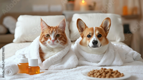 British Shorthair cat and Welsh Corgi dog lie in a spa massage room with white robes and dry food lying nearby photo