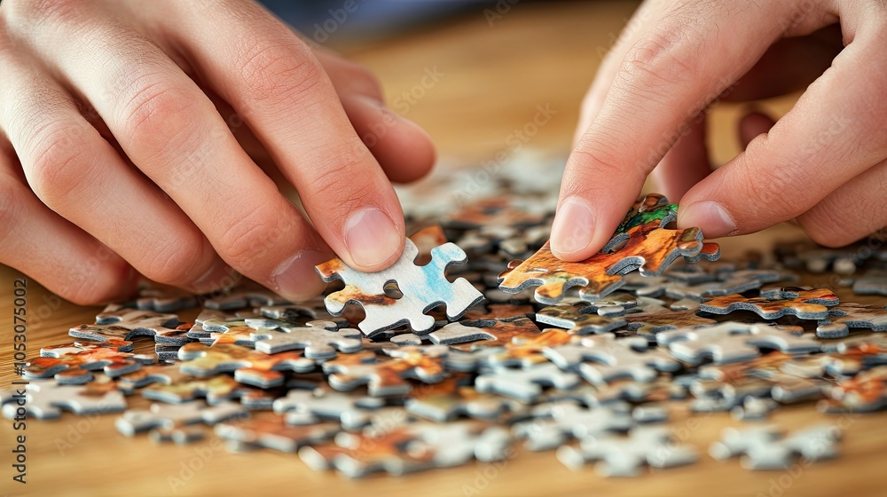 Hands Engaged in Puzzle Assembly on Wooden Surface Hands Engaged in Puzzle Assembly on Wooden Surface