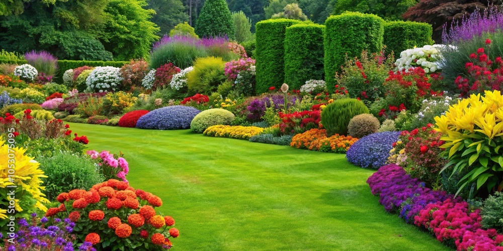 Obraz premium A beautifully manicured lawn is framed by a vibrant border of colorful flowers and shrubs, lawn borders, flower borders