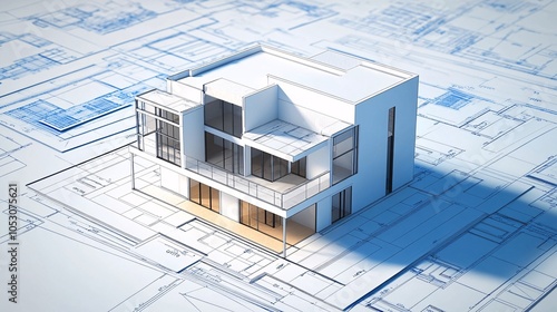 Modern House Architectural Model on Blueprint