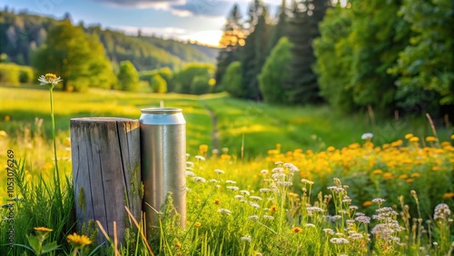 A beer can leaning against a wooden fence post in a lush green meadow surrounded by wildflowers and trees, countryside, outdoor, nature, meadow, landscape photo