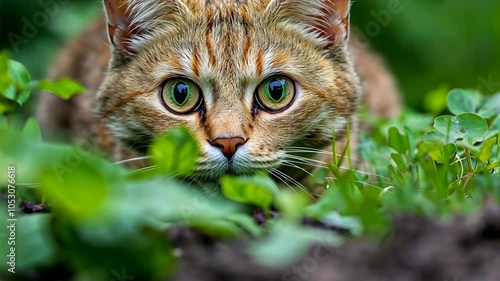 close up hunting cat looking fixedly at camera look funny