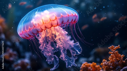 Jellyfish drifting above a coral reef its tentacles glowing softly in the light as aquatic fish swim near and the tide moves the colorful corals in a serene underwater world photo