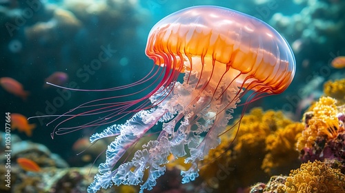 Jellyfish drifting above a coral reef its tentacles glowing softly in the light as aquatic fish swim near and the tide moves the colorful corals in a serene underwater world photo