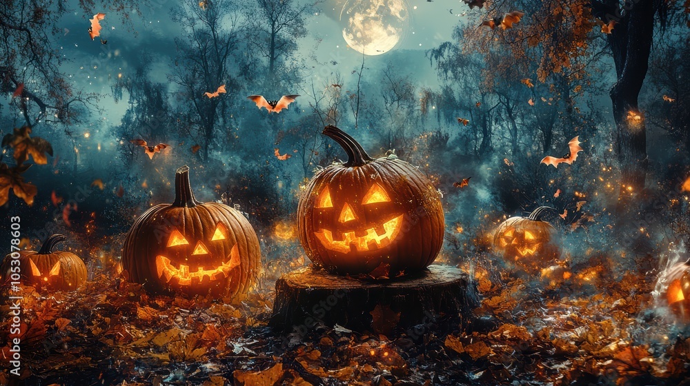 Naklejka premium a spooky Halloween featuring several carved pumpkins, each with menacing faces illuminated from within. The pumpkins are arranged on a wooden stump, surrounded by fallen autumn leaves.