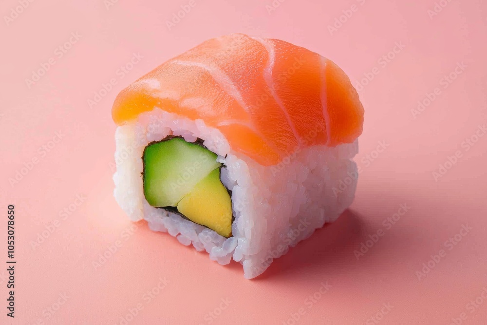 Delicious sushi roll topped with salmon and avocado on a soft pink background showcasing culinary artistry Delicious sushi roll topped with salmon and avocado on a soft pink background showcasing culinary artistry