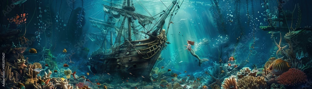 Fototapeta premium An underwater scene capturing the moment a mermaid discovers a sunken pirate ship filled with treasures