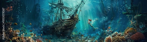 An underwater scene capturing the moment a mermaid discovers a sunken pirate ship filled with treasures