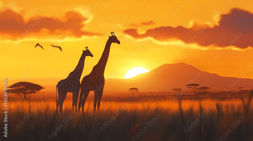 Two giraffes and a lion in an african savanna landscape at sunset. the wonders of nature, animals and ecosystems concept. African Savannah Tribe. Illustration Two giraffes and a lion in an african savanna landscape at sunset. the wonders of nature, animals and ecosystems concept. African Savannah Tribe. Illustration