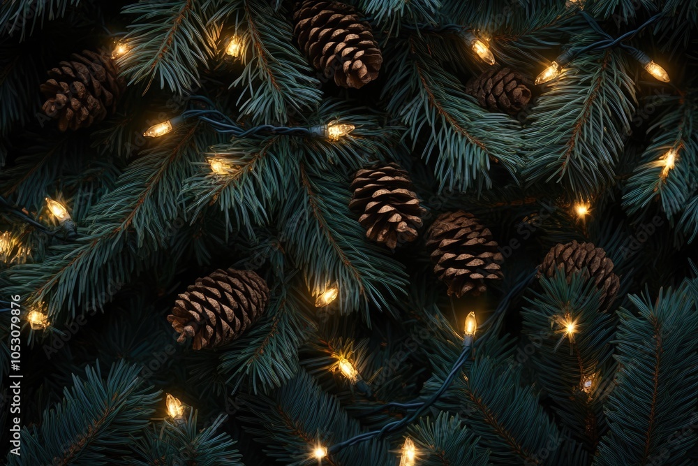 Fototapeta premium Above view on pine tree branches with Christmas fairy lights and cones