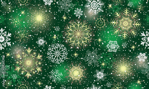 Vector seamless Christmas hand drown pattern with gradient snowflakes and stars on green
