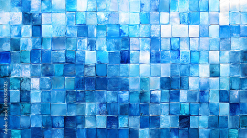 Seamless blue mosaic tile pattern, featuring a mix of light and dark blue squares, creating a vibrant and textured aquatic design. Ceramic Mosaic. Illustration