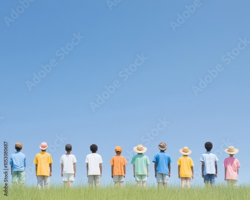 Diverse Children Facing Blue Sky in a Row Community Preparedness and Unity Concept