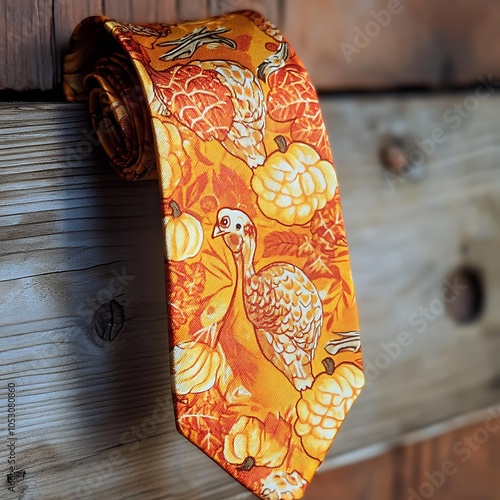 Vibrant autumn-themed tie featuring turkeys and pumpkins a unique accessory for seasonal celebrations and festive occasions photo