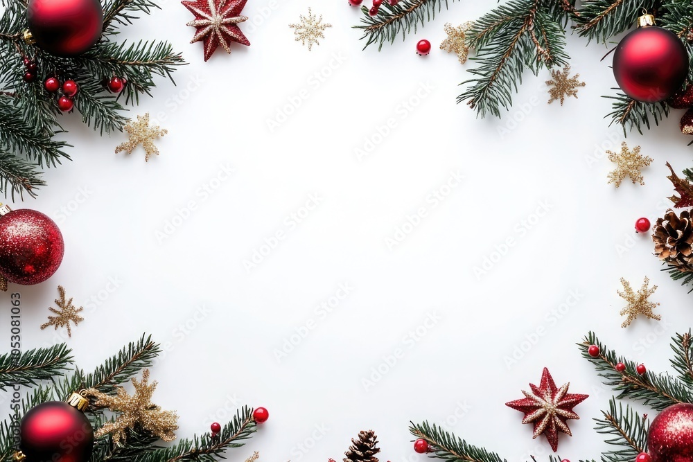 Festive Christmas frame with spruce red & gold decorations. Festive Christmas frame with spruce red & gold decorations.