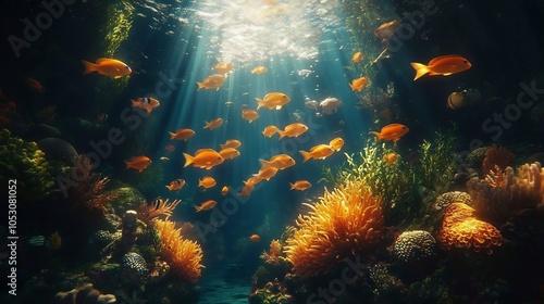 School of grunts swimming near a coral reef surrounded by aquatic plants and colorful corals as the tide gently moves the underwater flora and fauna in a dynamic marine environment photo