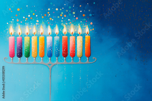 Hanukkah revolves around the celebration of the Jewish festival of lights, commemorating the rededication of the Second Temple in Jerusalem.paper cut style  photo