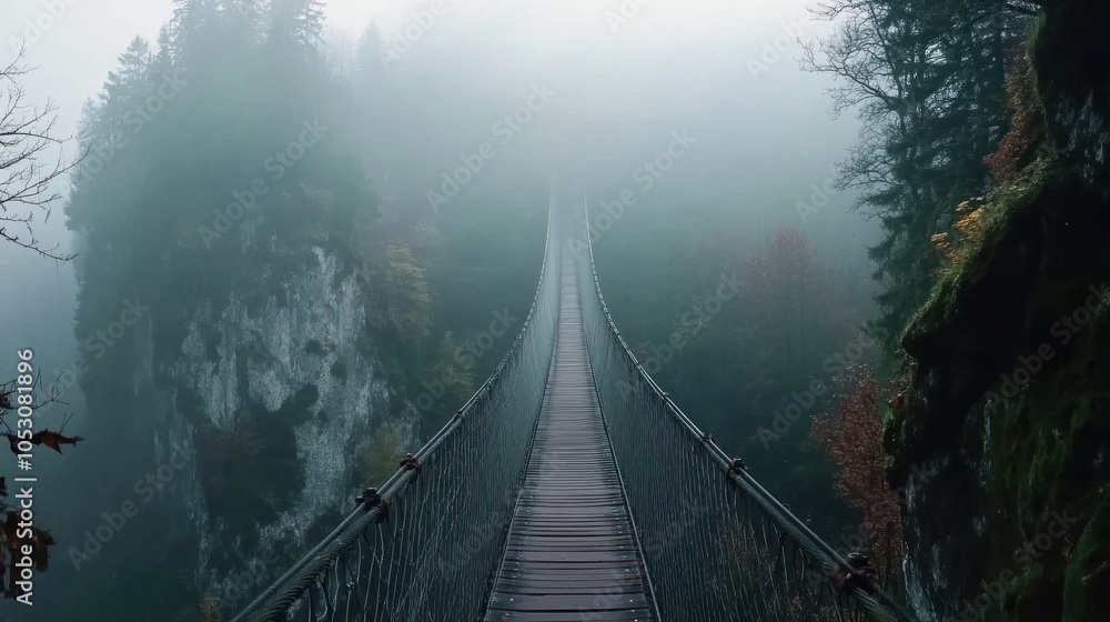 Obraz premium Suspension bridge surrounded by dense forest in thick fog. Nature landscape photography. Misty atmosphere and adventure concept.