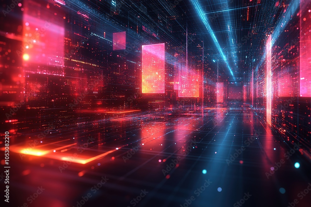 Abstract digital space with glowing red and blue lines and squares. Abstract digital space with glowing red and blue lines and squares.