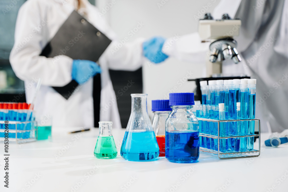 Scientist mixing chemical liquids in the chemistry lab. Researcher working in laboratory Scientist mixing chemical liquids in the chemistry lab. Researcher working in laboratory