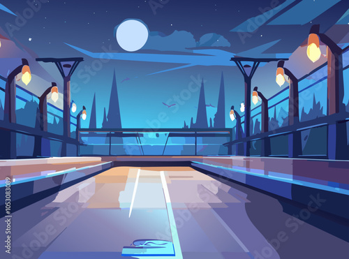 Ice rink at night for public place skating. Vector illustration.