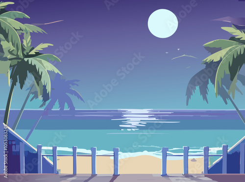 Palm trees on the beach at night. Vector illustration in flat style
