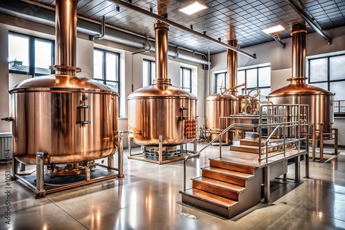 A brewery brewhouse with copper kettles and steam rising from the mash tun, boil, craft beer