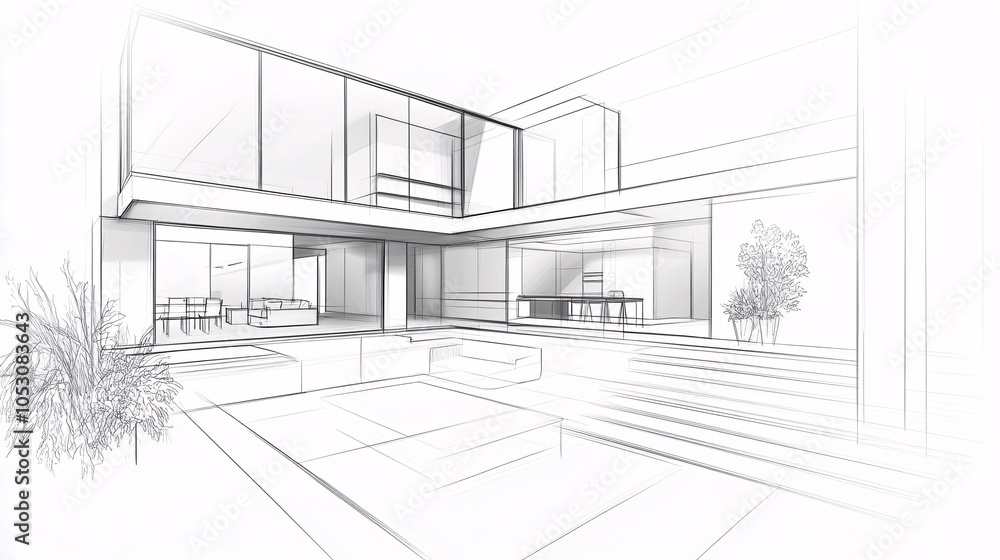 Architectural Sketch of Modern House with Pool and Yard Architectural Sketch of Modern House with Pool and Yard