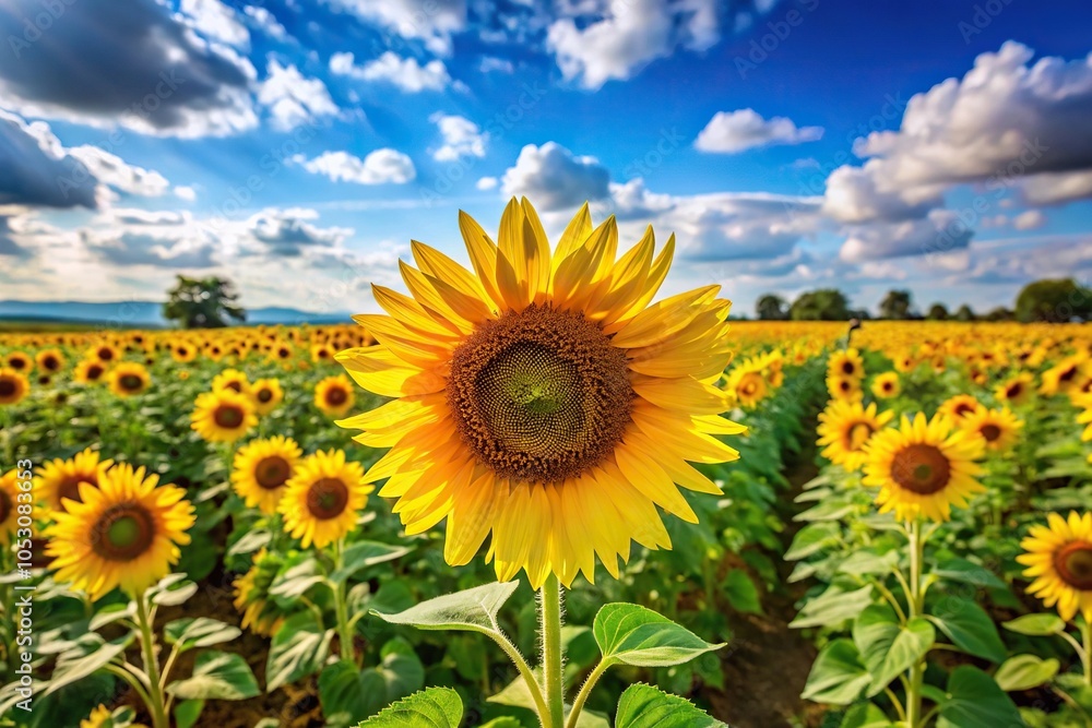 A bright and cheerful sunflower field stretching as far as the eye can see in a sunny meadow, sunflower field, wildflowers, flower field, countryside, bright yellow A bright and cheerful sunflower field stretching as far as the eye can see in a sunny meadow, sunflower field, wildflowers, flower field, countryside, bright yellow