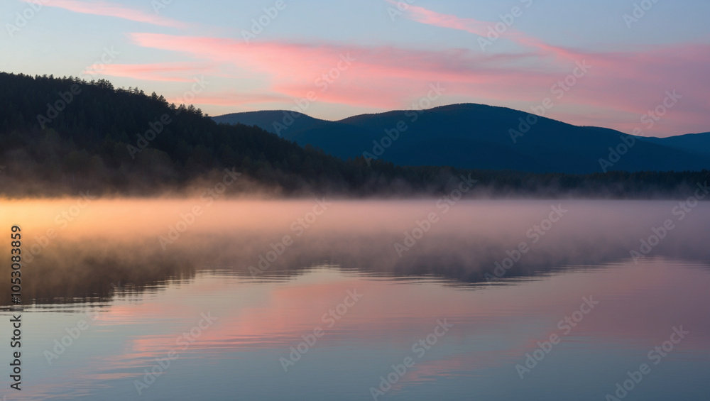 Obraz premium A tranquil lake at dawn with mist rising softly from the water, glowing golden as the sun begins to rise. The sky shifts from deep blue to soft pinks, and the lake reflects every color 