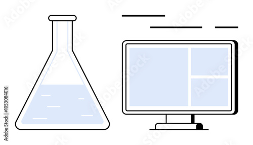 Laboratory flask with liquid next to computer monitor displaying data components. Ideal for science research, laboratory work, data analysis, education, technology integration, biotechnology