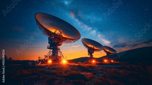 massive satellite dishes rise against the twilight sky, with complex metal structures and antennas, surrounded by a peaceful landscape of mountains and trees