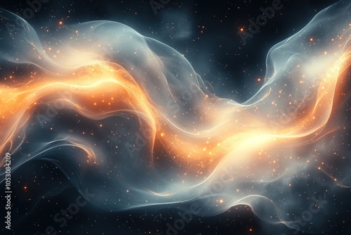Abstract flowing light and dark energy with sparkling particles in dark space.