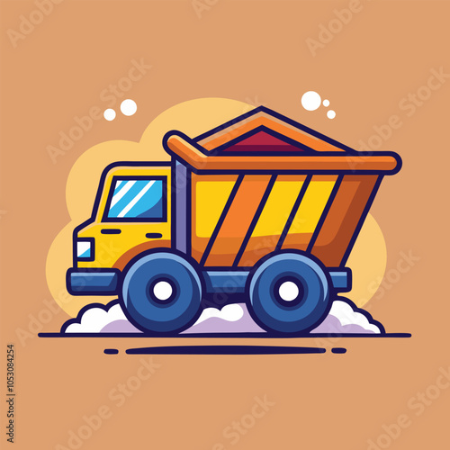 A cartoon illustration of a yellow dump truck with a red bed.