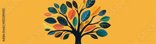 Wallpaper Mural A colorful tree with vibrant leaves set against a bright yellow background, showcasing artistic design and creativity. Torontodigital.ca