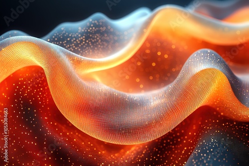 Abstract flowing orange and blue waves with glowing particles.